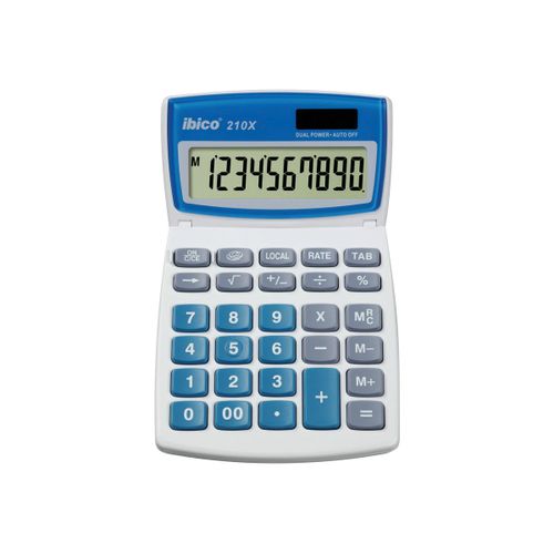 Rexel Ibico 210x - Calculatrice De Bureau - 10 Chiffres - Panneau Solaire, Pile - Blanc, Bleu