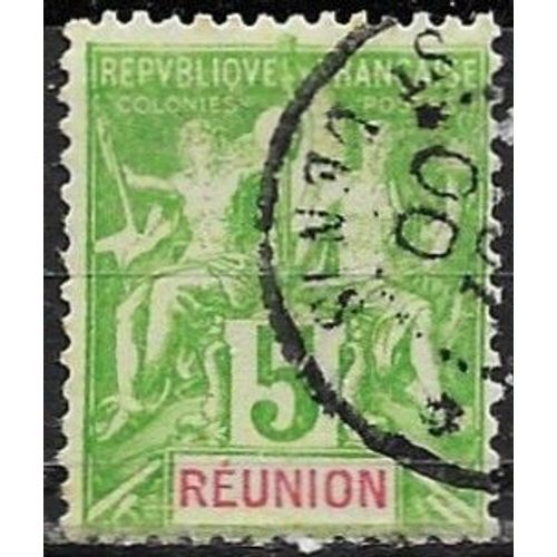 Ile De La Runion, Colonie Franaise 1900 / 1905, Beau Timbre Yvert 46, Type Sage "Colonies" 5c. Vert Jaune, Oblitr, Tbe.