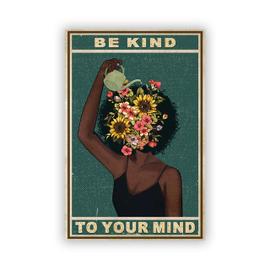Imprimé sur toile de message positif pour la santé mentale,femme noire,  africaine, affiche, peinture, Be Kind to your Mind, style vintage,  décoration idéale pour la maison, art, tableau
