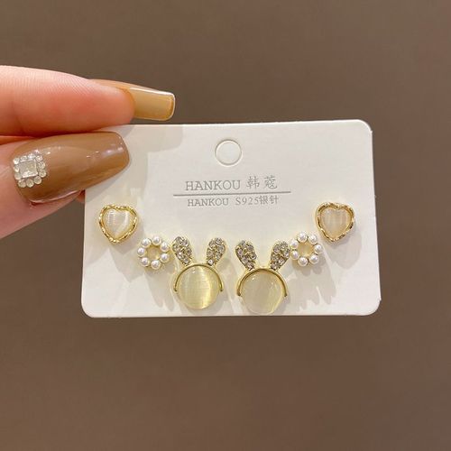 Ins Style Trois Paires De Boucles D'oreilles D'amour D'opale Boucles D'oreilles De Perle De Niche Simples Pour Femmes All-Match Boucles D'oreilles D'une Semaine-Sw-E4892 Or