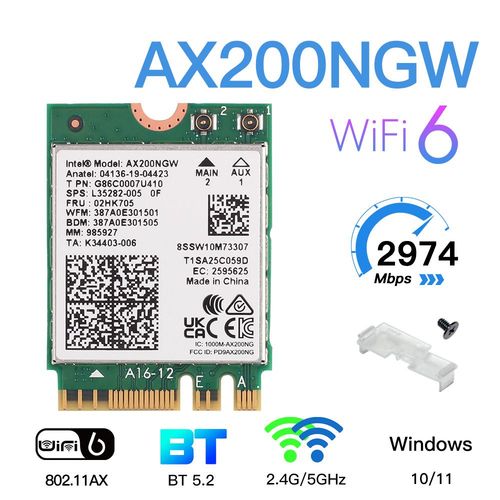 Intel AX200 - Carte Wi-fi Pour Ordinateur Portable, 2974mbps, Bluetooth 5.1, 802.11ax, Mu-mimo Ngff, Ordinateur Sans Fil, Double Bande, Windows 10, Ax200ngw