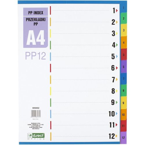 Intercalaires A4 Pp12-12 Intercalaires  Anneaux - Chiffres 1-12 - Multicolores - Sparateur De Couleur En Polypropylne
