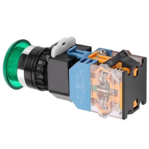 Interrupteur a bouton-poussoir de reinitialisation automatique vert 220 V LA38-11MD 22 mm avec grosse tete champignon