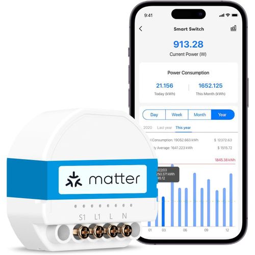 Interrupteur Connect Matter (Fil Neutre Requis) - Suivi De Consommation D'nergie Et Matter Simple Setup (Mss), Commutateur Wifi Compatible Avec Apple Home, Alexa Et Google Home[MAT791359]
