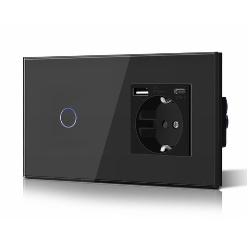 Interrupteur D'clairage,Prise,Encastr,1 Compartiments,1 Voie,Prise 3-En-1,Puissance De Charge Usb 2,1 A,Adaptateur De Type C,Station De Charge,Rallonge En Verre,157 Mm,Noir