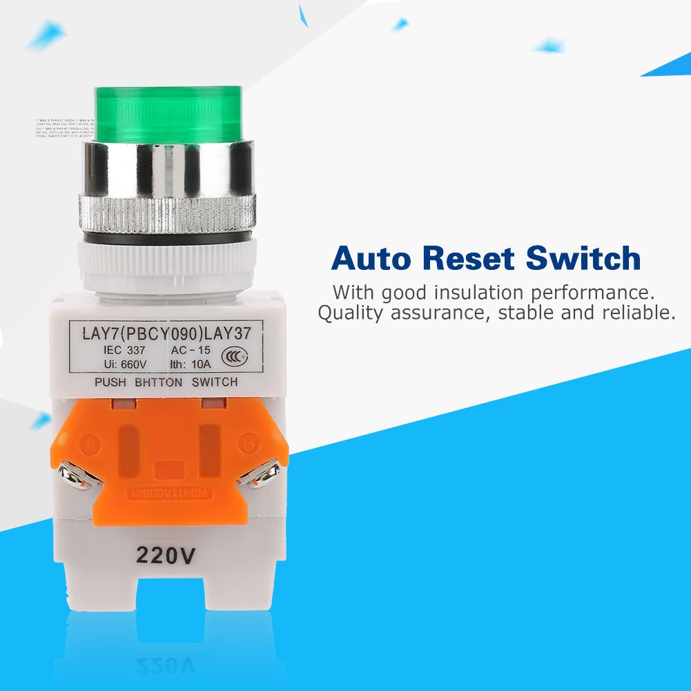 Interrupteur momentane a bouton-poussoir vert a tete plate et reinitialisation automatique, montage 22 mm, LAY37-11DN