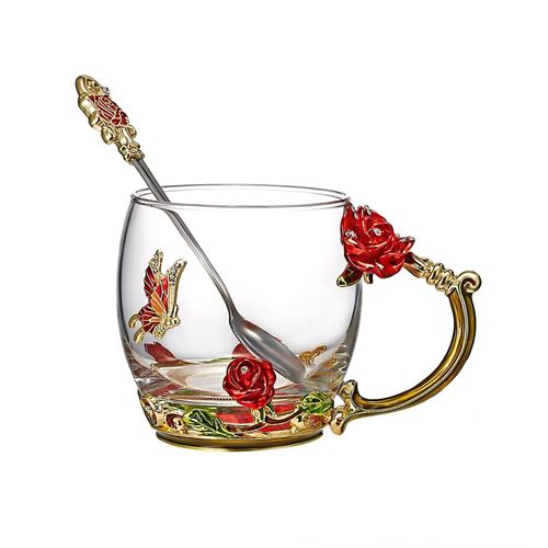Intirilife Tasse  Th Papillon Coupe  Caf  Fleurs - 330 Ml - En Verre Rsistant  La Chaleur Avec Cuillre - Cadeau Parfait Pour La Fte Des Mres, L'anniversaire, Le Mariage, Fait  La Main