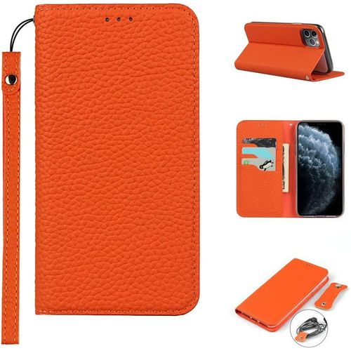 Iphone 11 Pro Max Coque,Premium Cuir Veritable Flip Portefeuille Etui En Cuir,[3 Fentes][Fermeture Magnetique],Coque Housse Etui Pour Iphone 11 Pro Max - Orange