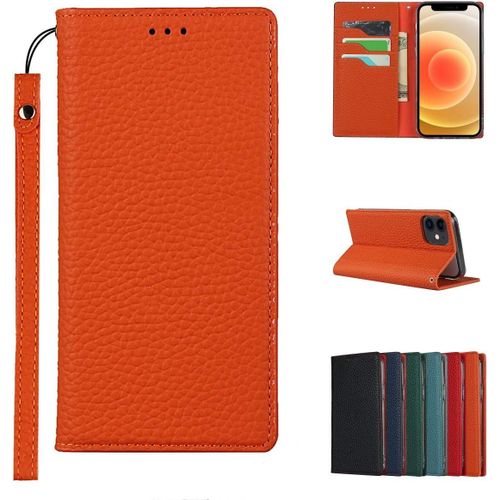 Iphone 12 Mini Coque,Premium Cuir Veritable Flip Portefeuille Etui En Cuir,[3 Fentes][Fermeture Magnetique][Rfid Blocker],Coque Housse Etui Pour Iphone 12 Mini - Orange