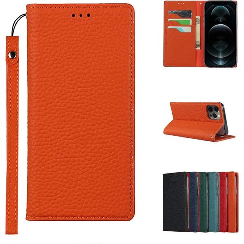 Iphone 12 Pro Max Coque,Premium Cuir Veritable Flip Portefeuille Etui En Cuir,[3 Fentes][Fermeture Magnetique][Rfid Blocker],Coque Housse Etui Pour Iphone 12 Pro Max - Orange