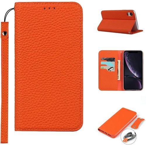 Iphone Xr Coque,Premium Cuir Veritable Flip Portefeuille Etui En Cuir,[3 Fentes][Fermeture Magnetique],Coque Housse Etui Pour Iphone Xr - Orange