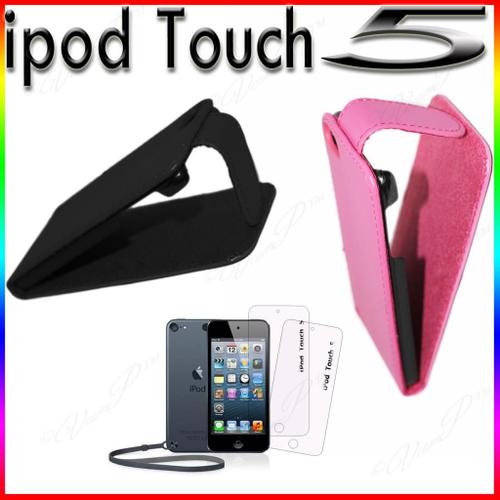 Ipod Touch 5 5g : Lot De 2x Coque Etui Housse Case Pochette Simili Cuir Noir Rose Fuchsia  + 2 Films De Protection D'cran