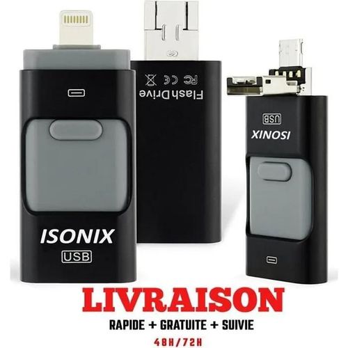ISONIX Cl USB 64 go 3 en 1 Compatible IOS/Android Pour Apple Iphone X/8/7/6/5 Samsung/Ipad/Macbook/Windows/PC/Tablet OTG Noir