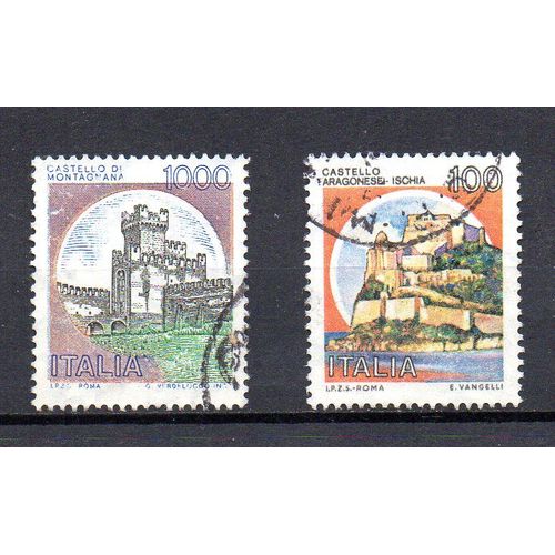 Italie- 2 Timbres Oblitrs- Chteaux Forts
