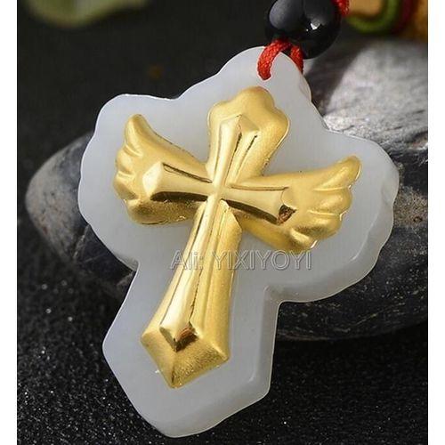 Jade Hetian Blanc Naturel + Pendentif Amulette Porte-Bonheur En Croix Unique Sculpte En Or Massif 18k + Collier Gratuit, Bijoux Fins + Certificat