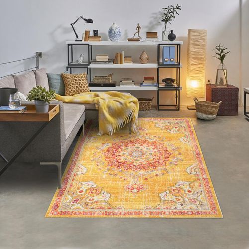 Tapis Orient 200x290 Rectangle Jaune Et Rouge Tiss Motif Traditionnel Olda