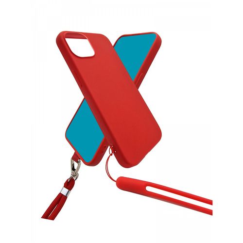 Jaym - Coque Silicone Rouge Pour Apple Iphone 15 Plus - Tour De Cou Et Tour De Poignet Inclus - Intrieur 100% Microfibre