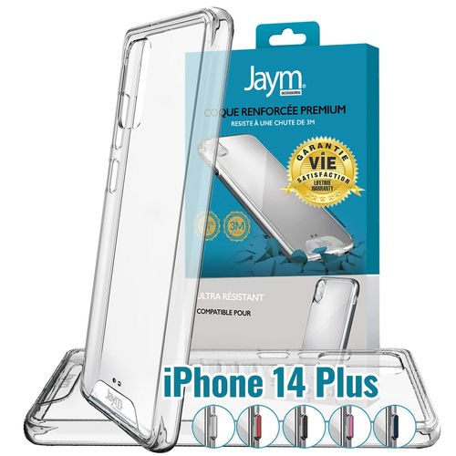 Jaym - Coque Ultra Renforce Premium Pour Apple Iphone 14 Plus - Compatible Magsafe - Certifie 3 Mtres De Chute - Garantie  Vie - Transparente - 5 Jeux De Boutons De Couleurs Offerts
