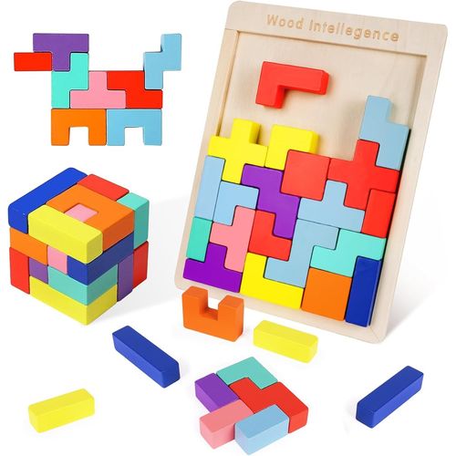 Jeu de Blocs Russes Colors 3D, Puzzle Tangram en Bois, Puzzle de Blocs en Bois, Jouet de Casse-Tte D'intelligence, Cubes de Puzzle de Blocs 3D, Jouets D'intelligence pour Enfants (30 Pices)