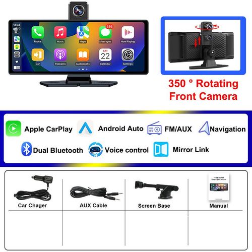 Jmcq-Camra De Tableau De Bord Avant Sans Fil,10.26 Pouces,4k,3840x2160p,Rotation  350 ,Carplay,Android Auto,Wifi,Bluetooth,Dvr - Type Dvr-32g