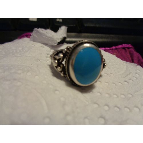 Jolie Bague En Argent Orne D'une Perle Fantaisie Bleue, Taille 57 Poids 15g Environ