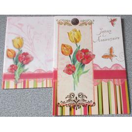 Jolie Carte Double Gaiement Coloree Avec Bouquet De Fleurs Et Papillons Mention Doree Joyeux Anniversaire Avec Enveloppe Assortie Rakuten