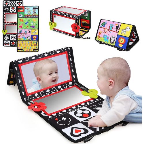 Jouet Bb 0-18 Mois,Miroir Eveil Montessori Noir et Blanc Jouets Sensoriels,Jeux avec Miroir Pliable Cadeau Bebe Naissance Fille Garcon Bebe 0 3 6 12 Mois