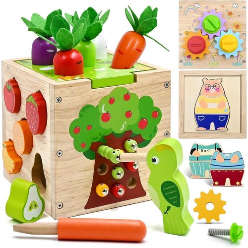 Jouet Bebe 1 2 3 Ans, 5 en 1 Cube D'activit Bb de 1 2 3 4 Jouet Cadeau Garon Fille, 49 Pcs Montessori Educatif et de Dveloppement Bois Jeux Enfants 12 18 Mois.[G1121]