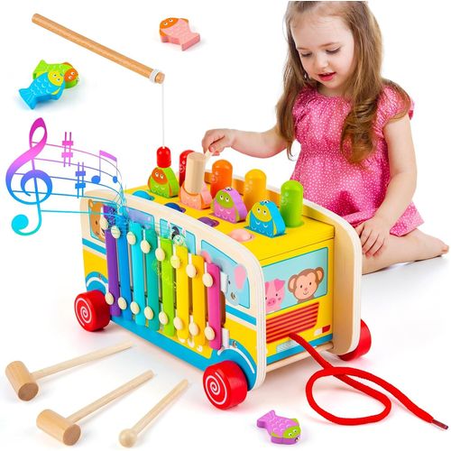 Jouet Montessori Educatif 1 An, 4 En 1 Jouet Xylophone Bebe, Jouet En Bois Jeux Motricite Bebe, Ide Cadeau Bb 1 2 3 4 Ans -Version Bus.[G1352]