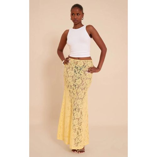 Jupe Longue En Dentelle Transparente Jaune Citron Fleurie, Jaune Citron