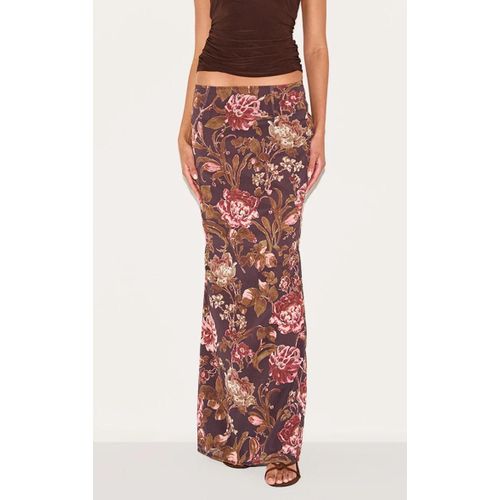 Jupe Longue En Mousseline De Soie Marron Fleurie, Marron
