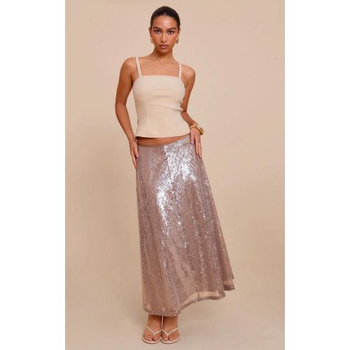 Jupe Longue Fluide Caf Au Lait  Taille Basse Et Sequins, Caf Au Lait