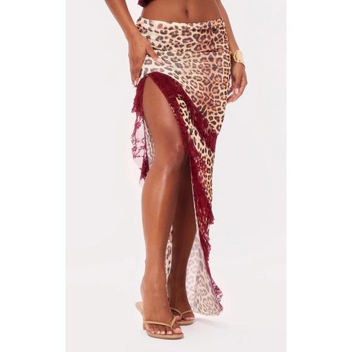 Jupe Longue Rouge Cerise Imprim Lopard Fendue  Doublure En Mesh Et Empicement En Dentelle, Bordeaux