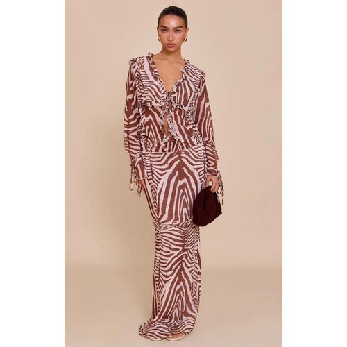 Jupe Mi-Long Imprim Zbre Marron Fronce En Mousseline De Soie, Marron