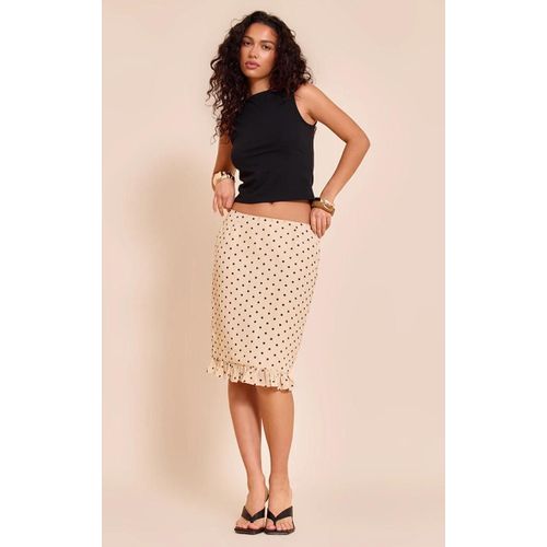 Jupe Mi-Ongue En Mousseline De Soie Beige  Pois Et Ourlet Volant, Beige