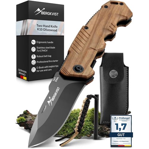 K10 Couteau Pliant (Couteau  Deux Mains) - Couteau De Poche Pour Le Camping, La Chasse Ou La Survie - Avec Bton De Feu Et tui De Ceinture - Manche En Bois D'olivier