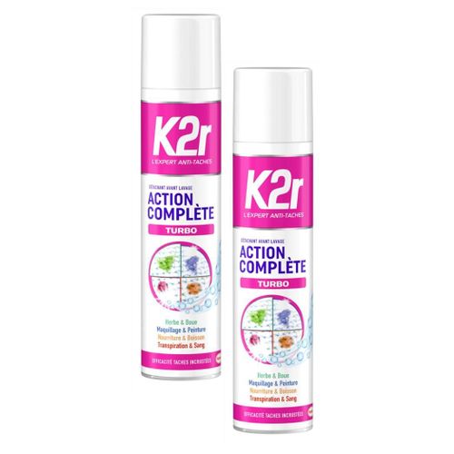 K2r Lot De 2 Actions Complte Turbo  Arosol (400ml)  Dtachant Avant-Lavage  Tous Types De Taches  Mme Incrustes