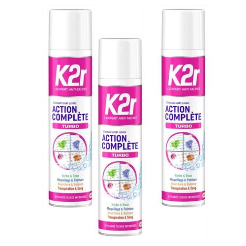 K2r Lot De 3 Actions Complte Turbo  Arosol (400ml)  Dtachant Avant-Lavage  Tous Types De Taches  Mme Incrustes