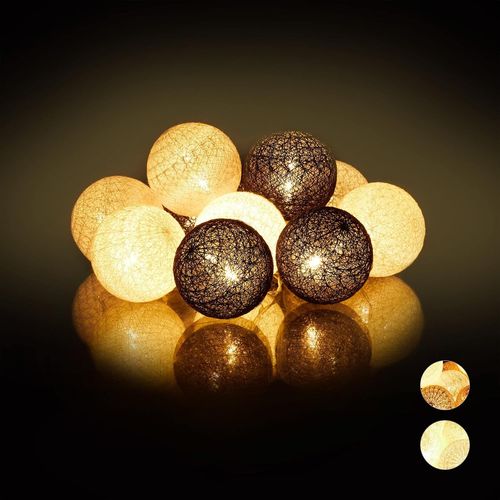 Kal-10024370_879 Guirlande Lumineuse Led, 10 Boules Coton, Fonction Piles, Lumires DAmbiance, Sphres 6 Cm, Blanc-Gris-Noir, Polystyrne, 160 Cm