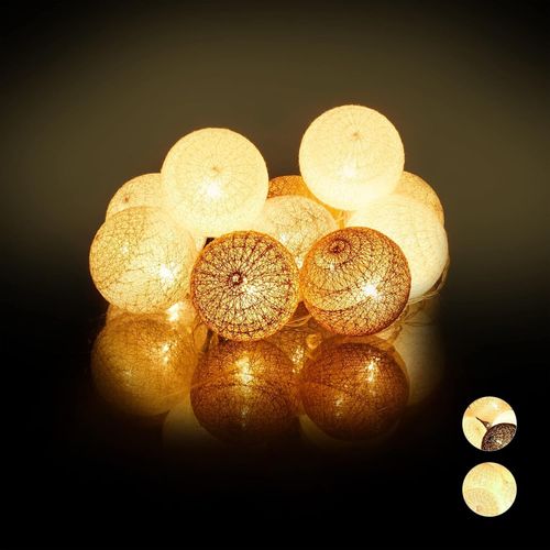 Kal-10024370_880 Guirlande Lumineuse Led, 10 Boules Coton, Fonction Piles, Lumires D`Ambiance, Sphres 6 Cm, Blanc-Gris-Marron, Polystyrne, 160 Cm