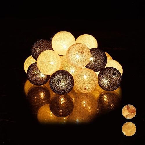 Kal-10024371_879 Guirlande Lumineuse Led, 20 Boules De Coton, Fonction  Piles, Lumires D`Ambiance, Sphres 6 Cm, Blanc Gris Noir, Polystyrne, 160 Cm
