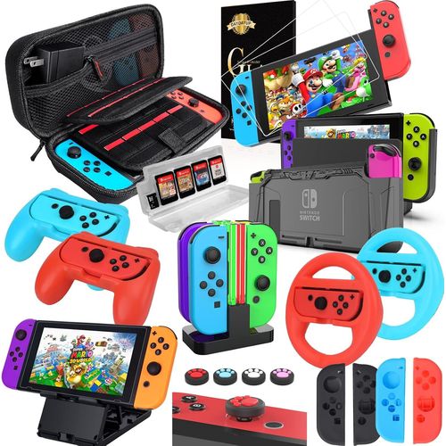 Kal-18 In 1 Nintendo Switch Accessoire-tui De Protection Avec Protection D'cran, Support De Jeu, Coque De Commutateur, Capuchon De Manette, Poigne Et Volant,Chargeur Pour Joy-Con -Rouge