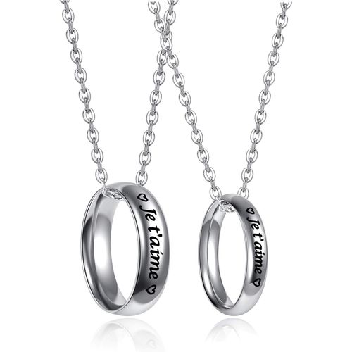 Kal-2pcs Colliers Couple Bague Pendentif Anneau Je T'aime I Love You Acier Inoxydable Cadeau Amoureux Amiti Amour Saint-Valentin Femme Homme Avec Chane(Je T'aime)