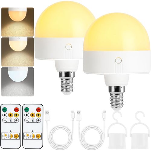 Kal-Ampoule Rechargeable Avec Minuterie Et Tlcommande, Ampoules  Piles  Intensit Variable Avec Base Magntique, Ampoule Led E14 Amovible, Lampes Non Cbles Avec 3 (3colour, E14-2pc)