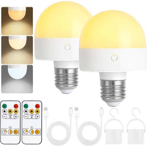 Kal-Ampoule Rechargeable Avec Minuterie Et Tlcommande, Ampoules  Piles  Intensit Variable Avec Base Magntique, Ampoule Led E14 Amovible, Lampes Non Cbles Avec 3 (3colour, E27-2pc)