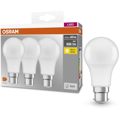 Kal-Base Classic A 60 Fr Led Lampe Avec Base B22d, Forme De Piston, 3 Pack, 8,5 W, 806lm, 2700k, Lumire Blanche Chaude, Dveloppement De La Chaleur Infrieure, Longue Dure De Vie