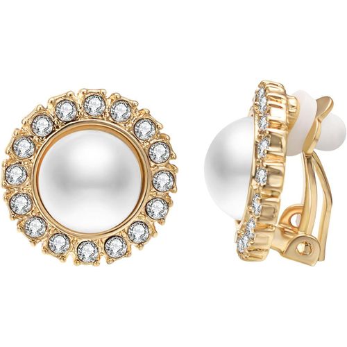 Kal-Boucles D'oreilles  Clip En Acier Inoxydable Plaqu Or Avec Perles De Verre Et Zircones Pour Femme Diamtre 16 Mm, 16mm, Perle Cre Zircone Cubique, Perle Cre