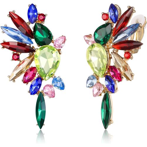 Kal-Boucles D'oreilles  Clip En Forme D'ailes En Cristal - Art Dco - Marquise Colore - Gouttes De Marie - Boucles D'oreilles  Clip Pour Femme - Ton Argent Clair