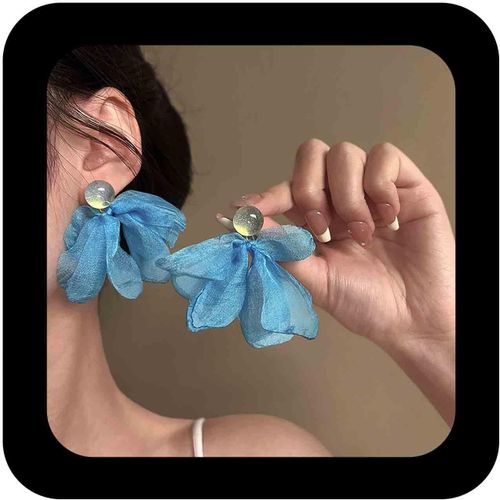 Kal-Boucles D'oreilles Bohme En Mousseline De Soie Fleur Pendante Boucles D'oreilles Fleurs En Mousseline De Soie Bleue Boucles D'oreilles Ptales De Dentelle Bleue Boucles D'oreilles Clous