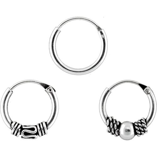 Kal-Boucles D'oreilles En Argent Silver Sterling 925 Creoles Pour Femme Fille Homme Garon Unisexe Deux Anneaux De Bali De 12 Et 10 Mm Et Une Bague Lisse De 12 Mm.